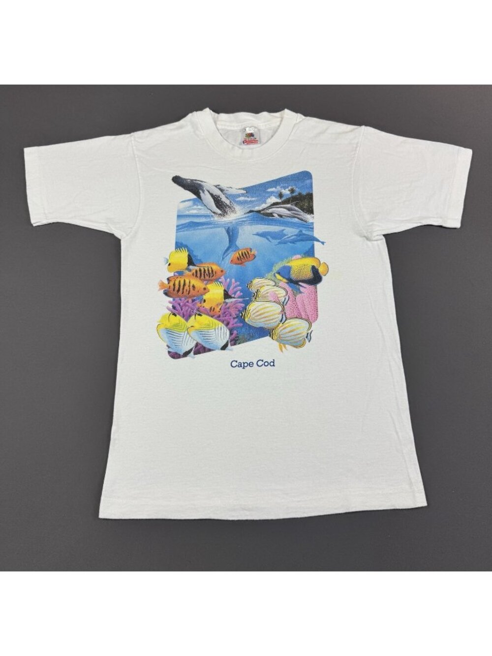 Rare Vintage 90s Cape Cod Beach Fish Nature Art FOTL White Small Shirt Promo Tee